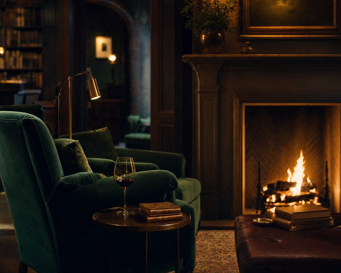 Boutique inn lounge with fireplace