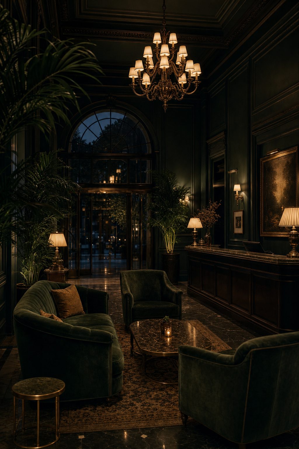 Luxury hotel lobby at dusk
